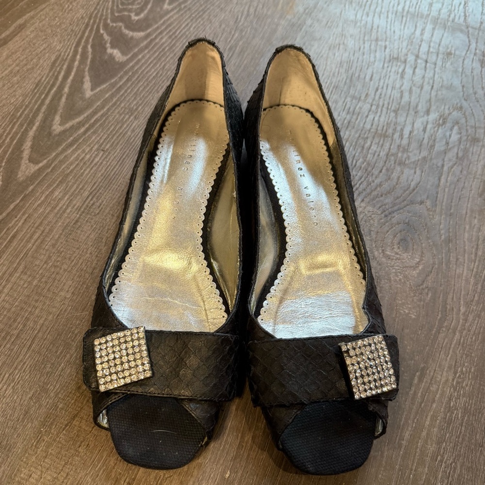 Martinez Valero Black and Silver Flats with Rhinestone Embellishment